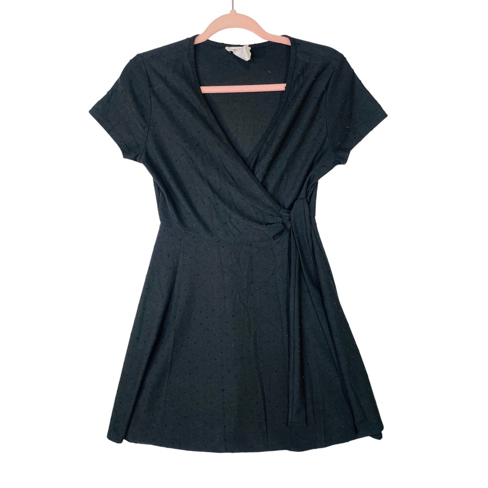 Rolla Coster Black Swiss Dot Wrap Mini Dress V-Neck Short Sleeve Size Large